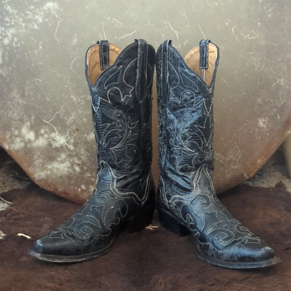 JB DILLON JBW2200 Black goat leather cowgirl boots cutout black lizard inlay 7.5 - Picture 6 of 16